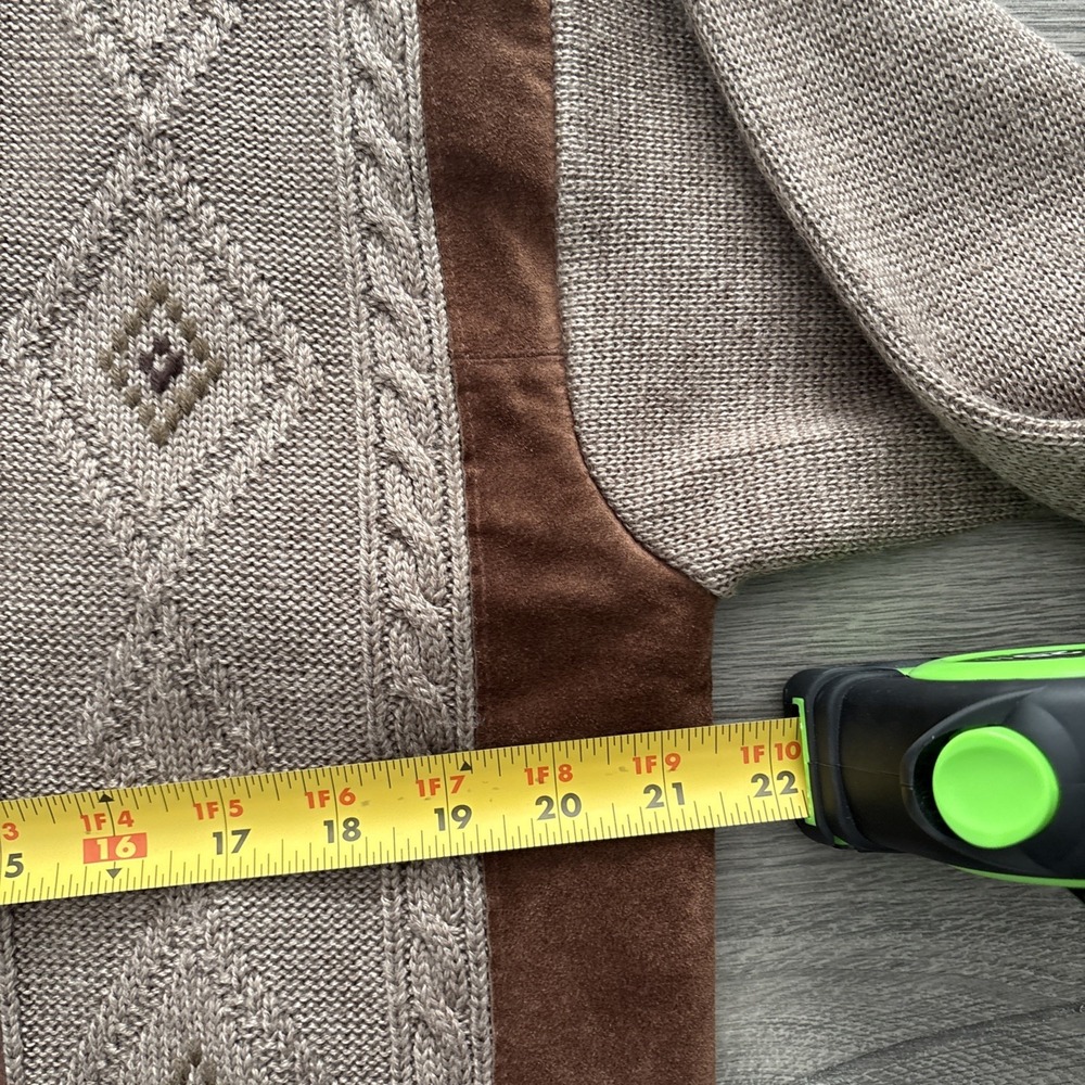 VTG Norm Thompson Mens L Cosby Leather Wool Cable Knit Cardigan Sweater Italy - Picture 13 of 16